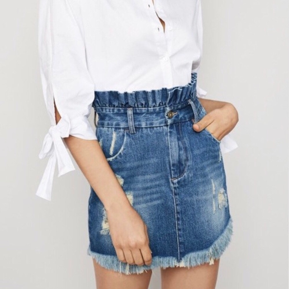 High waisted distressed denim skirt